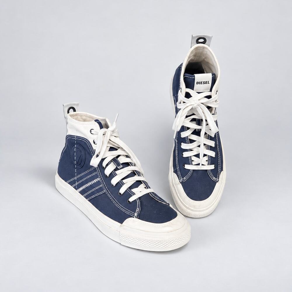 Diesel S-Astico Mid Lace Navy White Canvas Sneakers Men US 10